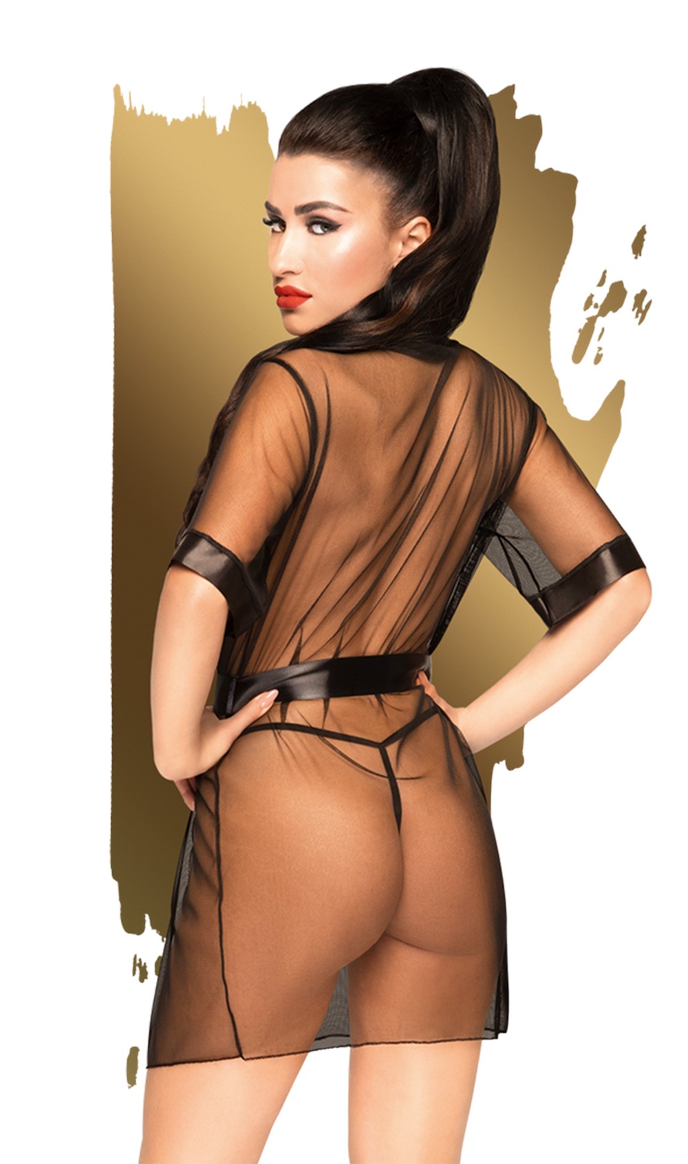 Peignoir satiné noir avec ceinture – Image 2