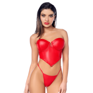 Bustier simili cuir rouge avec string assorti