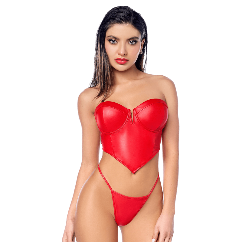 Bustier simili cuir rouge avec string assorti